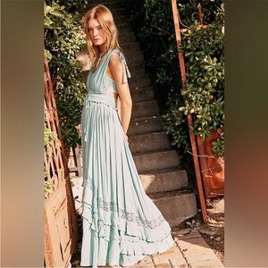 Free People Santa Maria Maxi Dress Beachy Tiered Crochet Light Blue Flowy Sz S